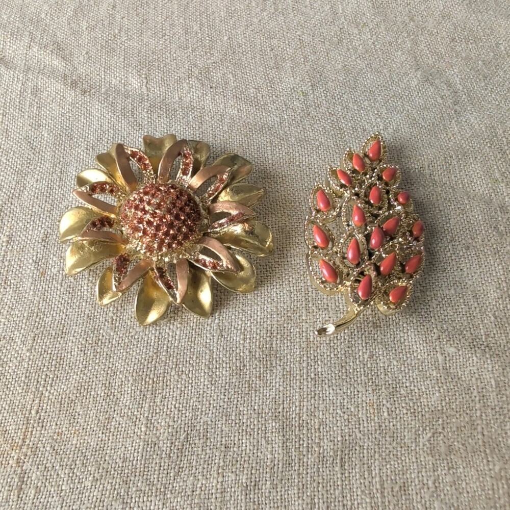 Vintage Autumn Brooch Set | Coral Pink Leaf & Sparkling Sunflower Fall Jewelry